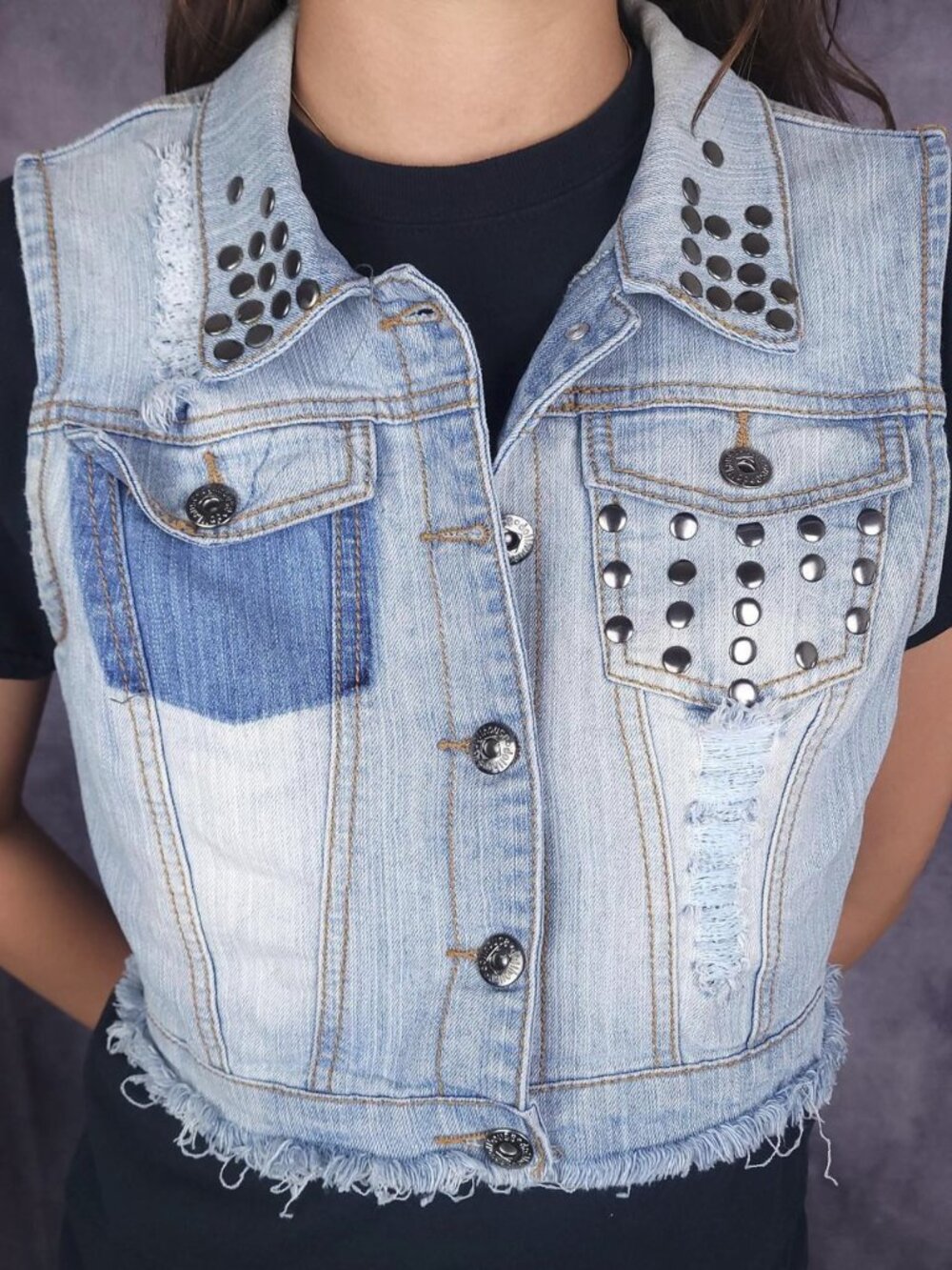 Dollhouse biker punk style studded distressed denim vest